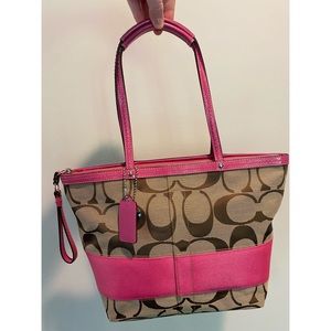 Coach Khaki Logo Pink Stripe Tote - F13548